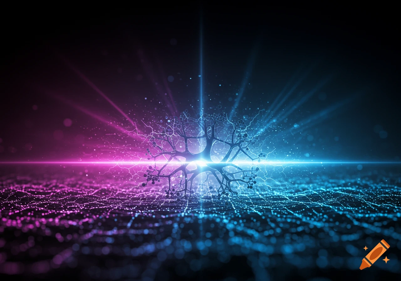 Abstract glowing neural network illustration with pink and blue light emanating from a central node, on a dark, dotted field.