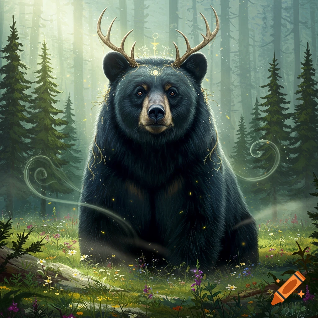 A mystical black bear with antlers and glowing symbols sits in an enchanted forest with wildflowers.