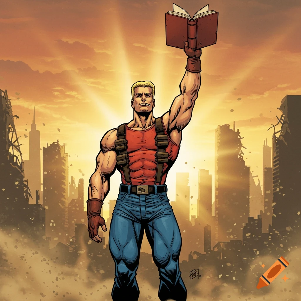Muscular blonde man (Duke Nukem) holds an open, blank book aloft in a destroyed city under an orange sky, comic book style.