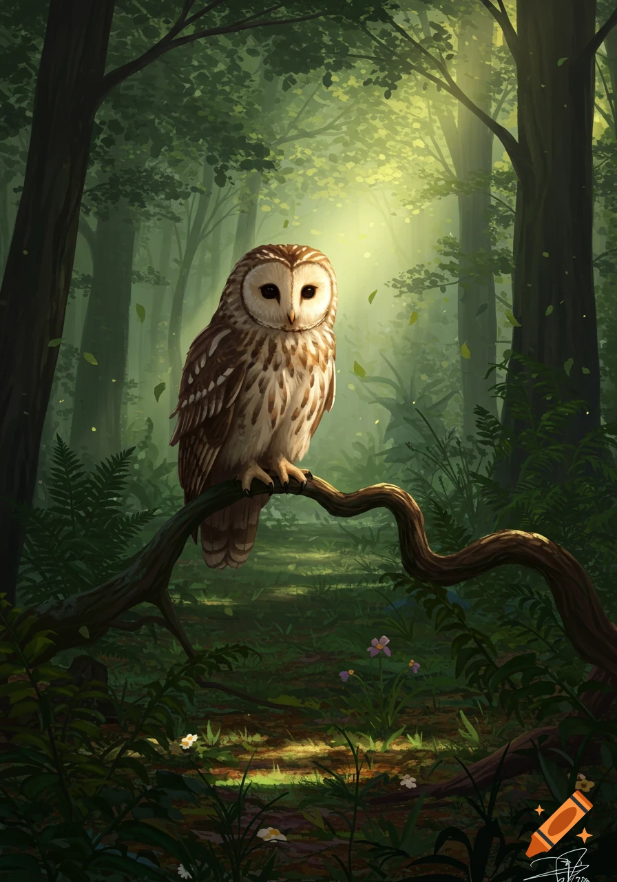 An illustrated barred owl perched on a branch in a sunlit forest with green foliage.
