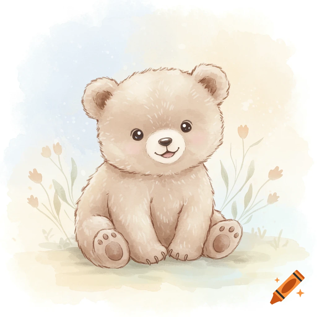 Cute baby bear sitting among sparse pastel flowers, watercolor illustration.