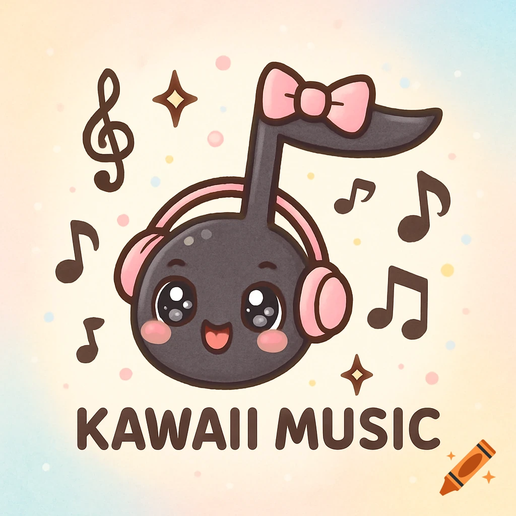 A cute kawaii music note character wearing pink headphones and a pink bow, surrounded by musical notes and sparkles, with the text "KAWAII MUSIC" below.