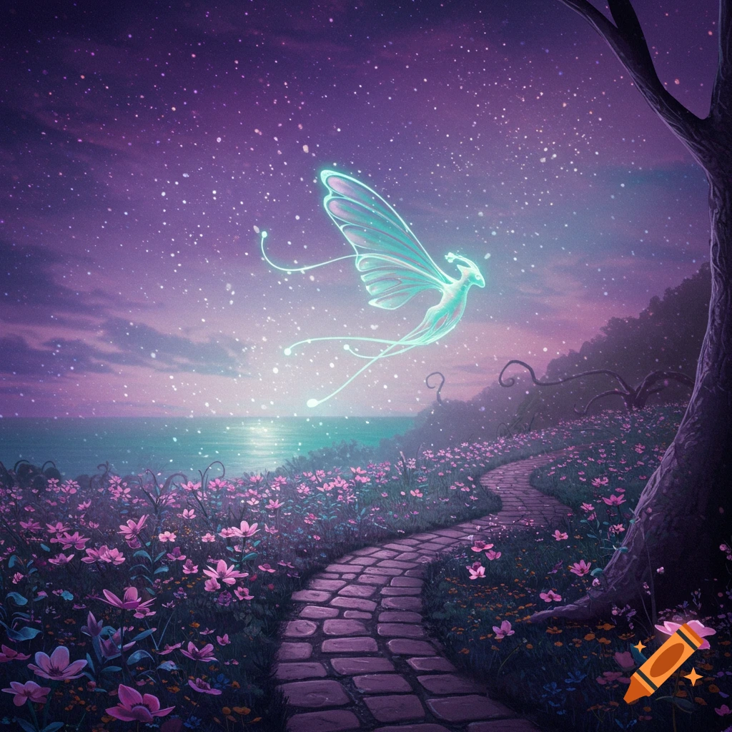 An ethereal glowing fairy-like creature flies over a cobblestone path through purple flowers beside an ocean under a starry purple sky.