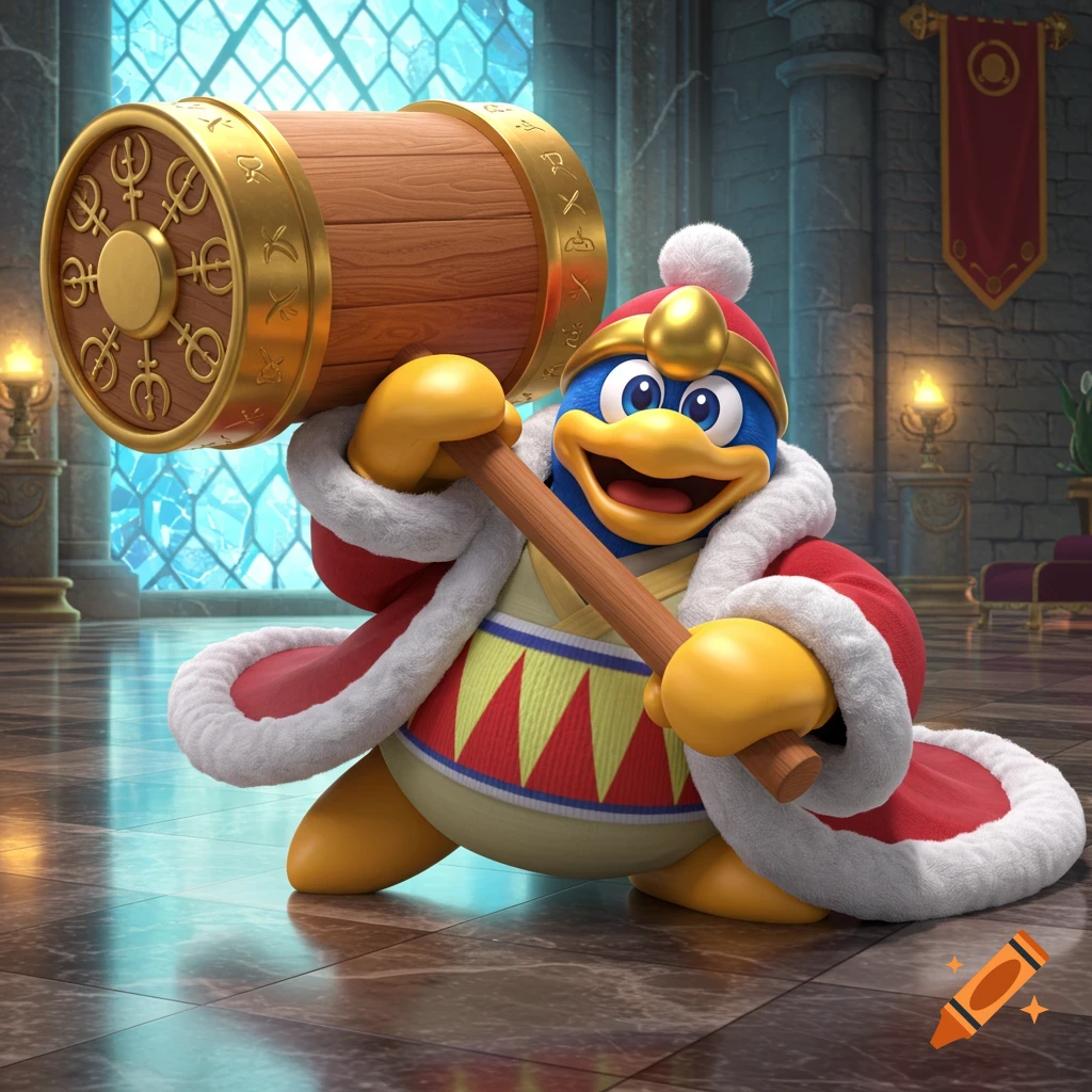 King Dedede, a blue penguin in a red and white royal robe, holds a large golden hammer in a stone castle.