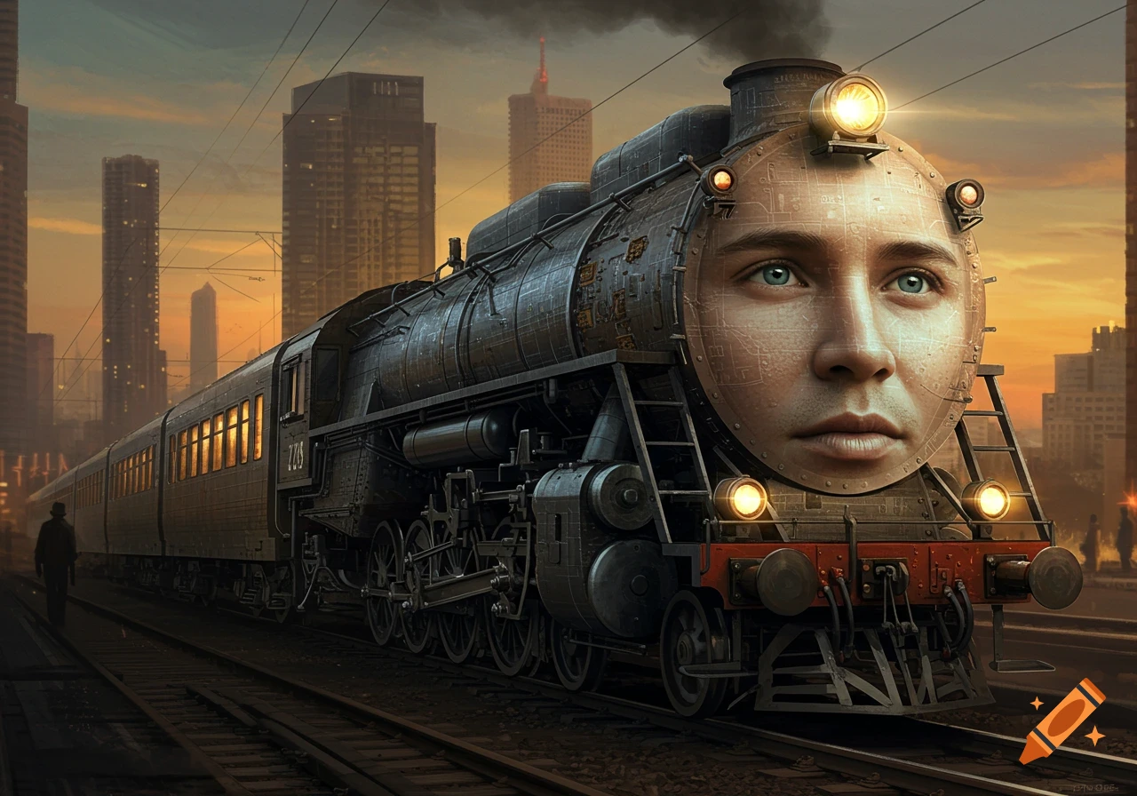 A surreal steam locomotive with a human face on its front, on tracks in a city at sunset.