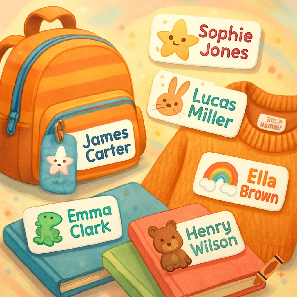 An illustration of an orange backpack, an orange sweater, and books with personalized name labels featuring cute characters like a star, rabbit, dinosaur, and bear.