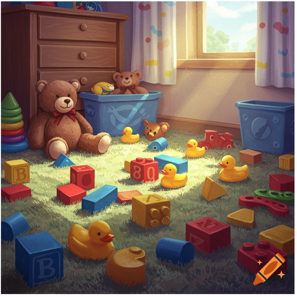 A charming illustration of a children's bedroom floor covered with scattered toys, including teddy bears, rubber ducks, and colorful building blocks, bathed in sunlight.
