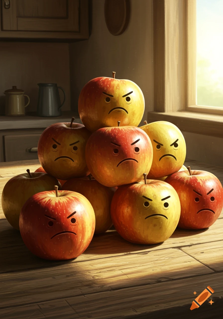 A pyramid of red and yellow apples with angry facial expressions piled on a wooden kitchen counter, lit by sunlight from a window.