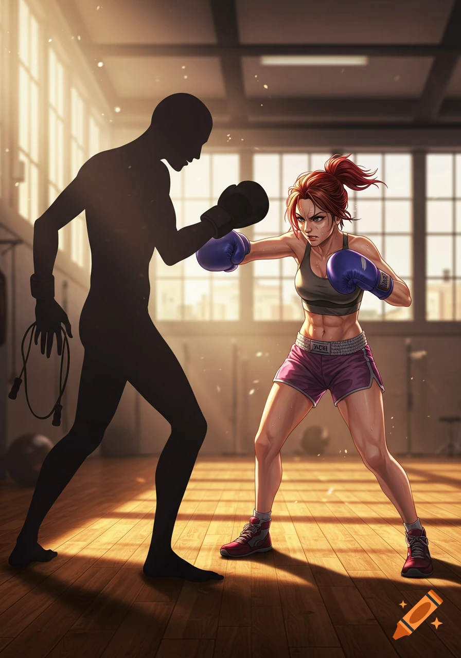 Anime-style adult woman with red hair and purple boxing gloves sparring with a silhouette figure in a sunlit gym.