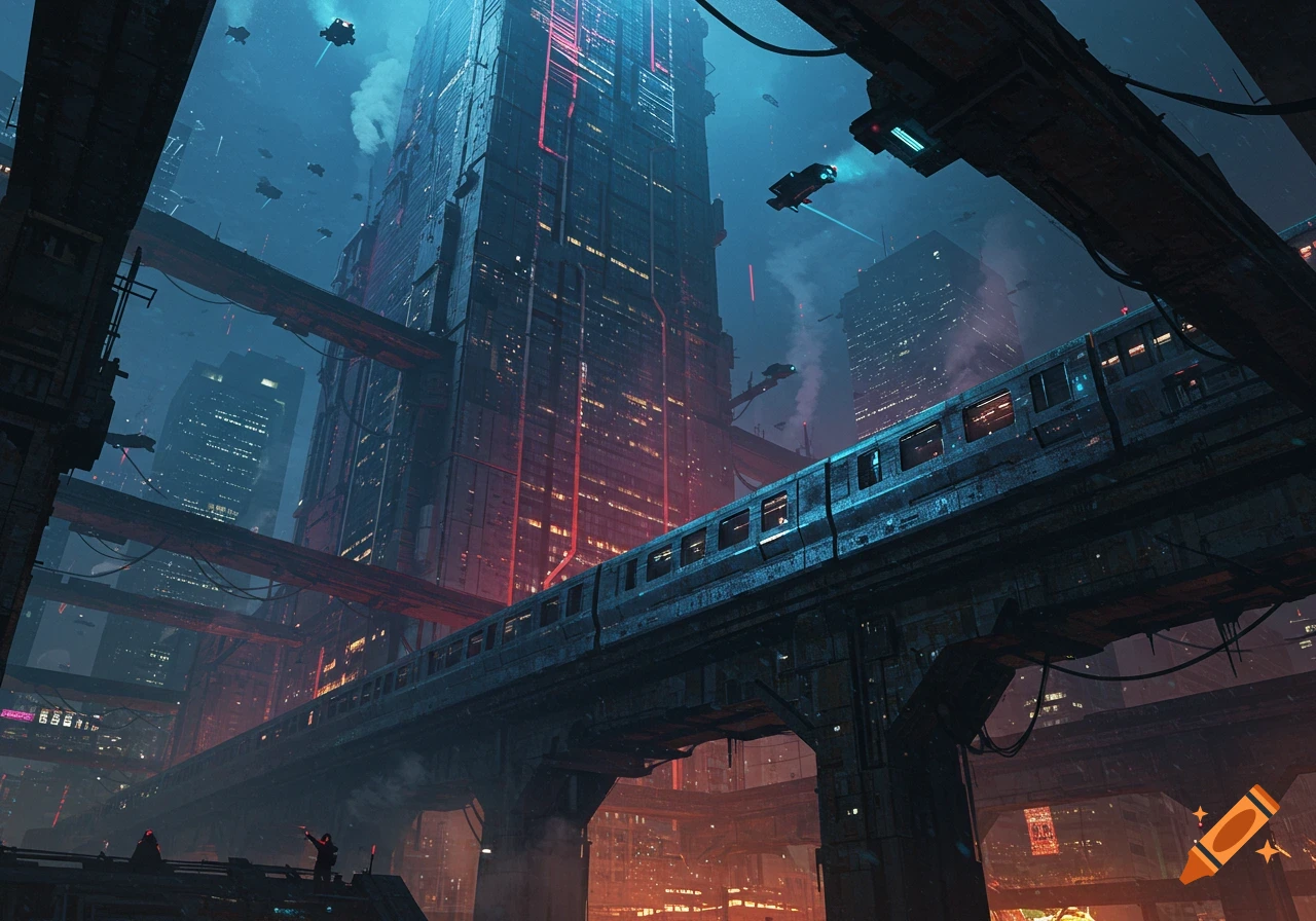 A dark, futuristic cyberpunk city with towering skyscrapers, flying vehicles, and an elevated monorail train passing through.