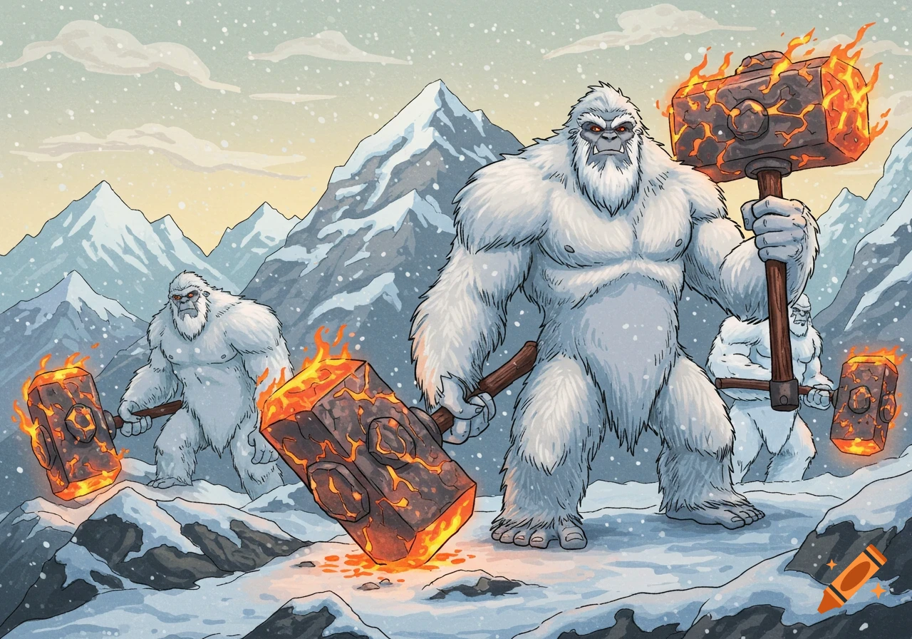 Three muscular white yetis with glowing red eyes stand in snowy mountains, holding fiery lava hammers. Illustration.