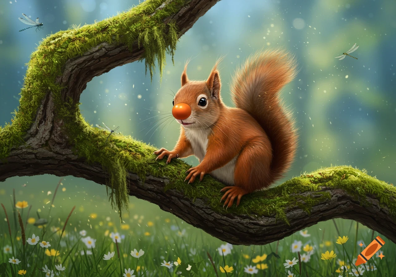 A whimsical red squirrel with a bright orange clown nose sits on a mossy tree branch in a vibrant, sunlit forest with wildflowers.