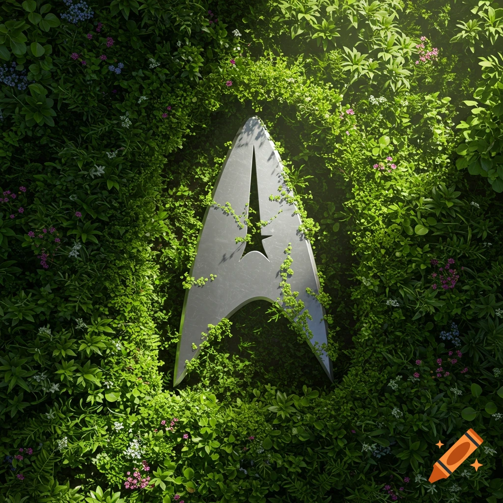 A metallic Star Trek symbol partially overgrown with lush green plants and small colorful flowers, illuminated by sunlight.