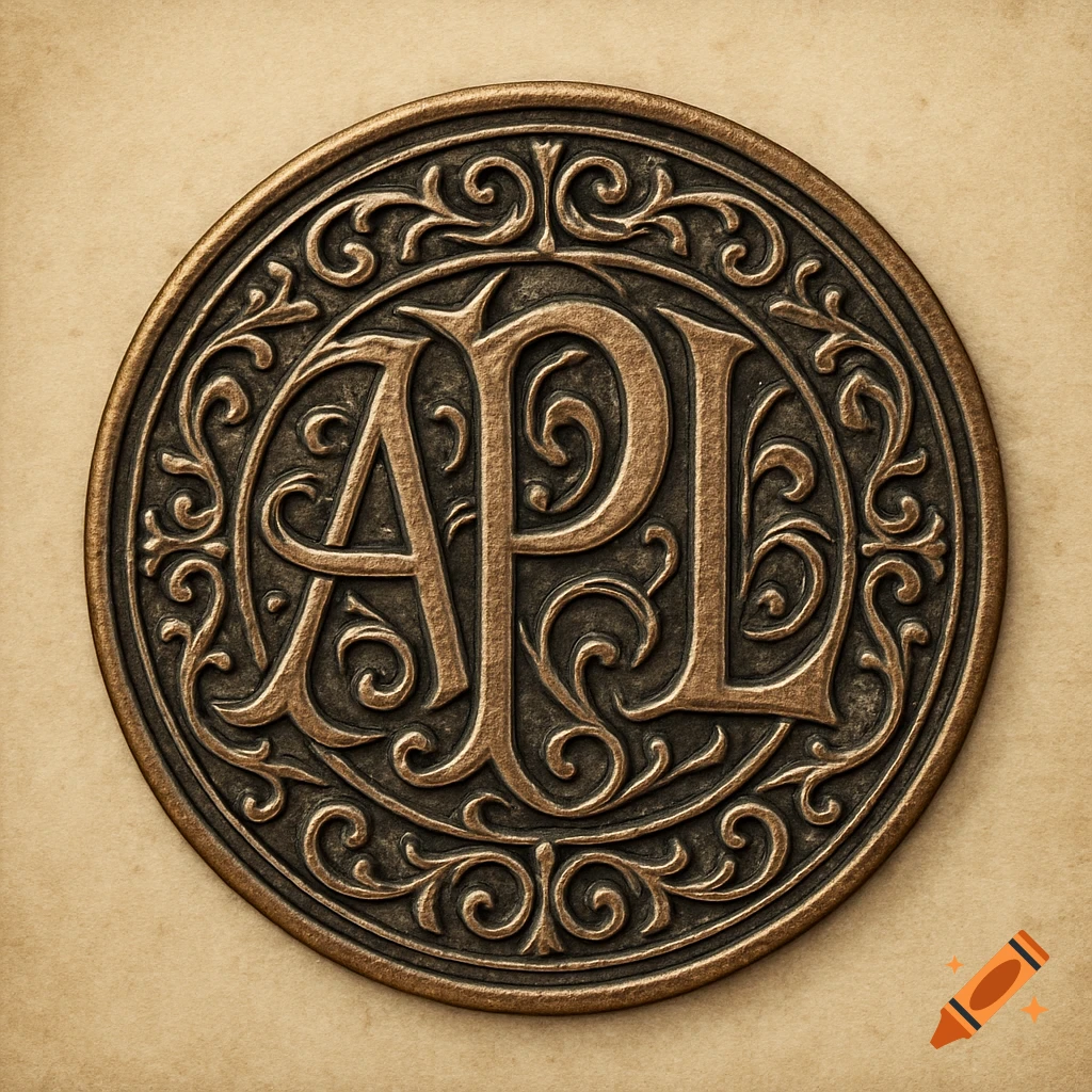 Ornate bronze medallion with medieval-style initials 'APL' surrounded by scrollwork.