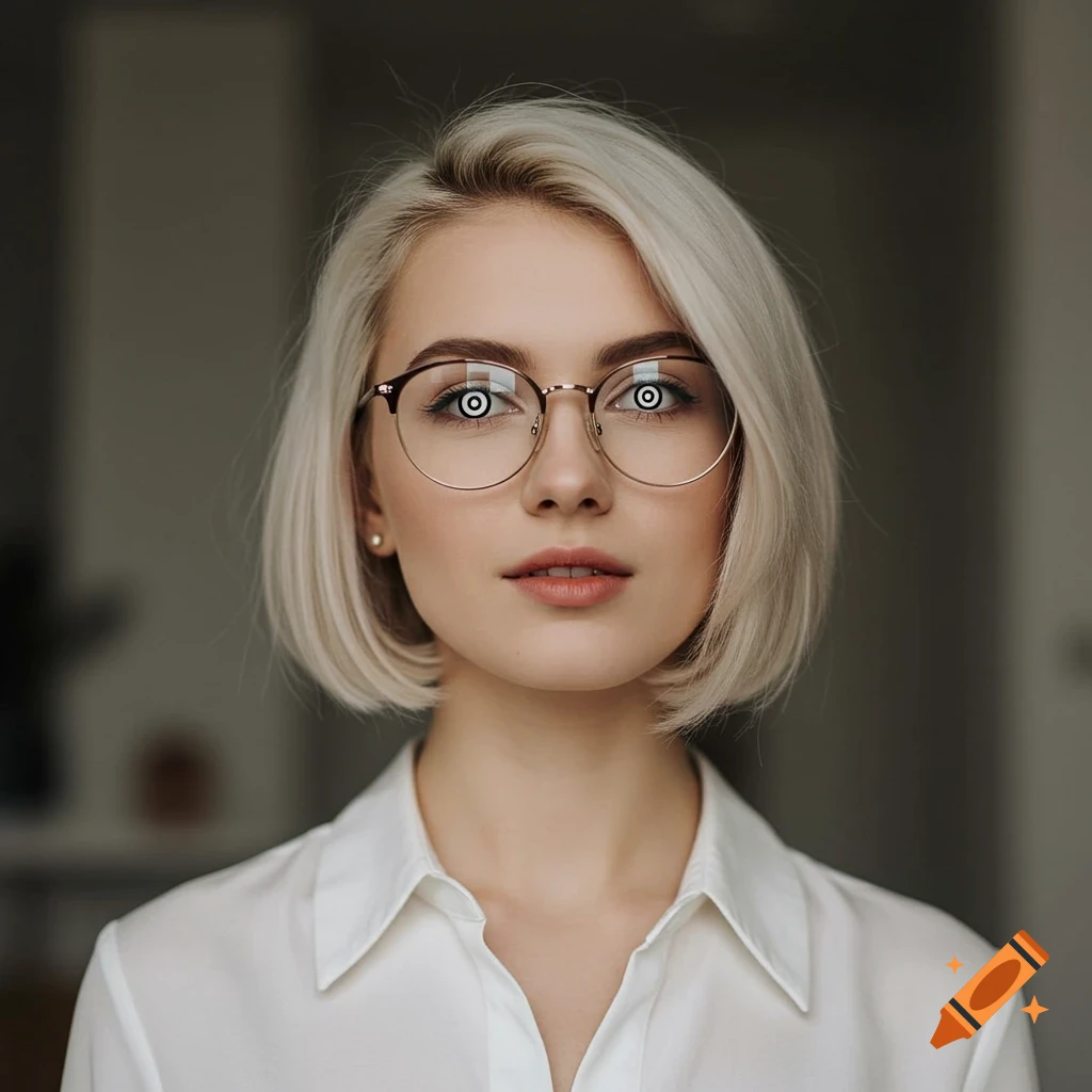 Close-up portrait of a blonde woman with a bob, glasses, and white shirt, looking forward with hypnotic spiral eyes.