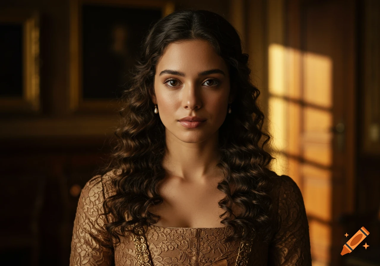 A close-up portrait of a young woman with dark curly hair and dark eyes, wearing a detailed gold Georgian era dress.