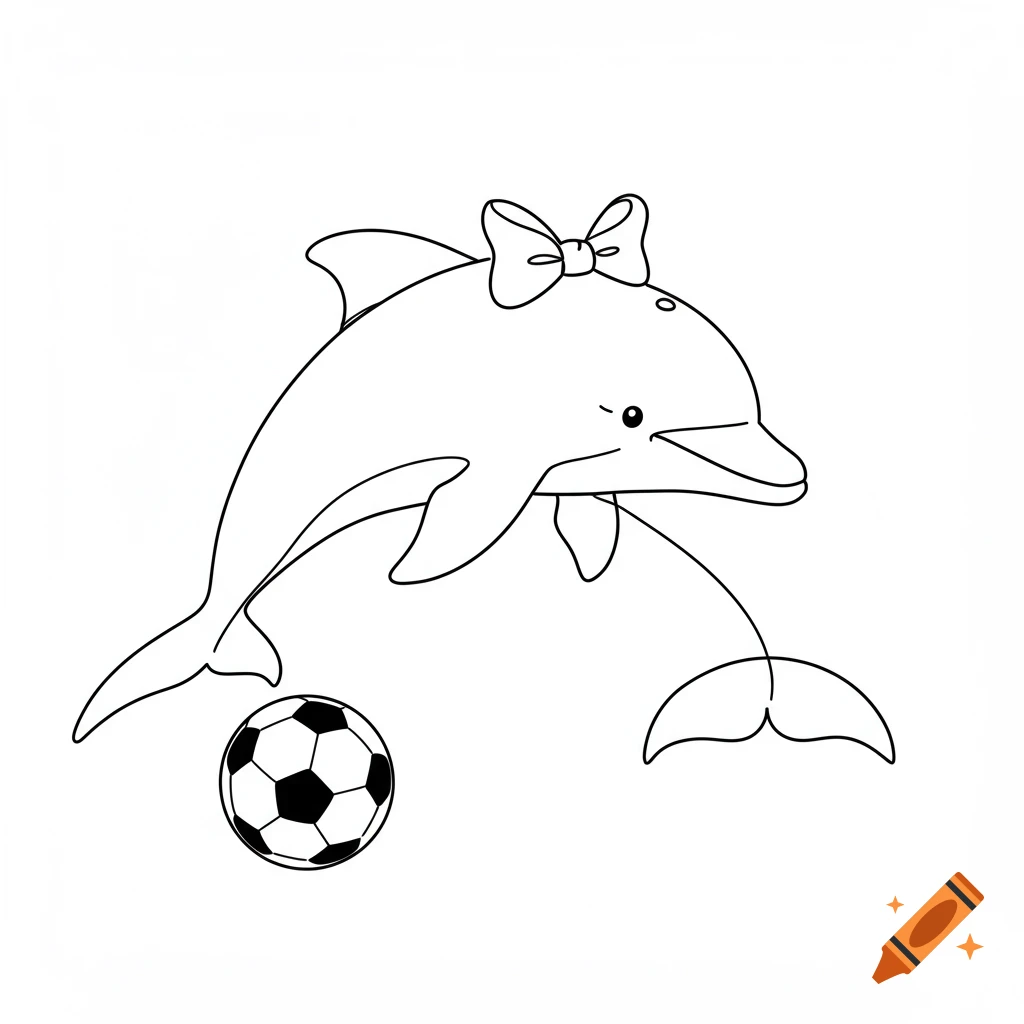 Simple line art of a cartoon dolphin wearing a bow on its head, with its tail next to a soccer ball.