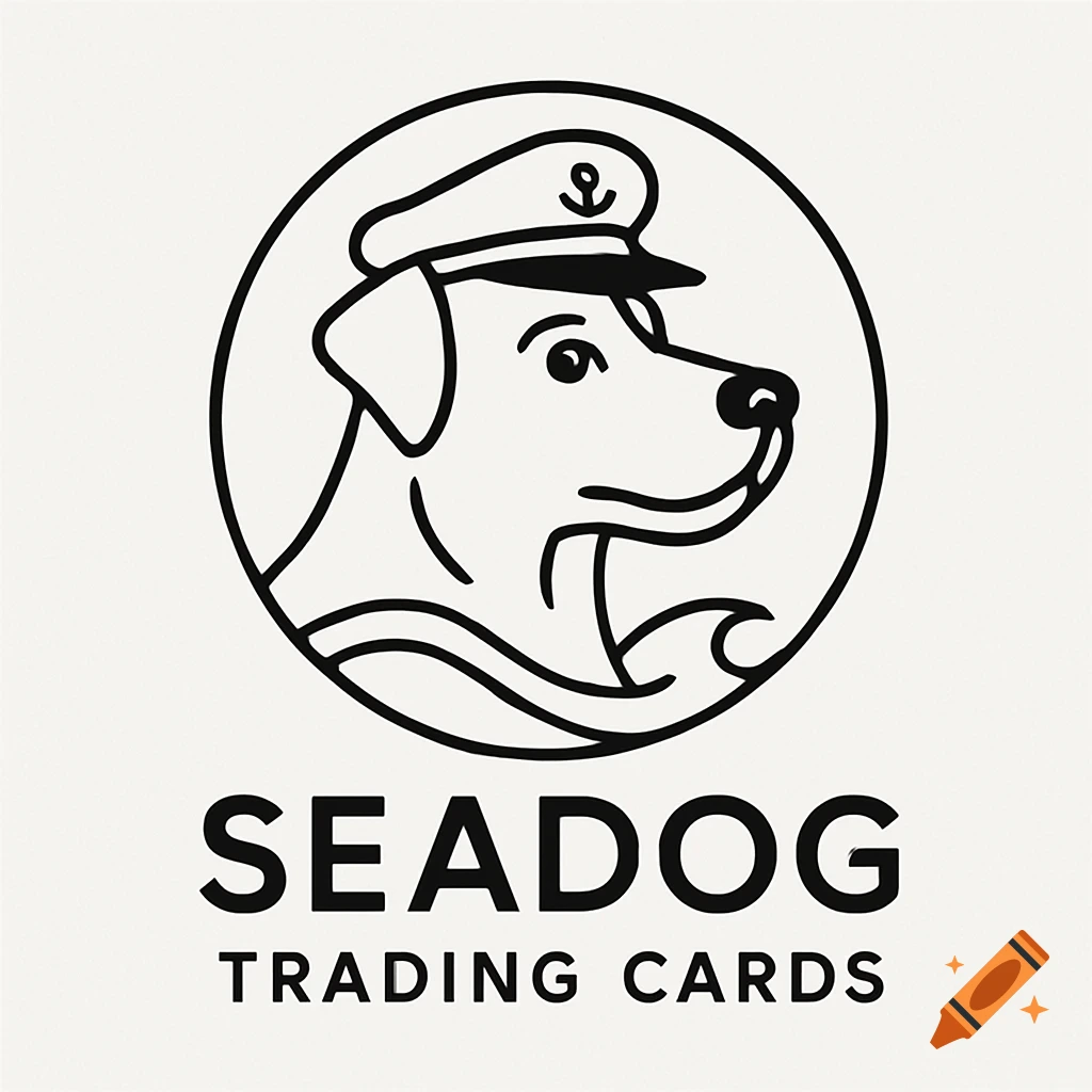 Simple line art logo of a dog wearing a sailor's hat in a circle, with the text 'SEADOG TRADING CARDS' below.