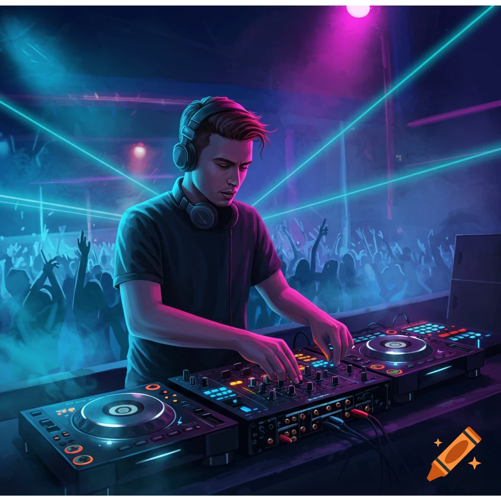 A male DJ in headphones mixes music on a console in a neon-lit club, with a silhouetted crowd in the background. Digital illustration.