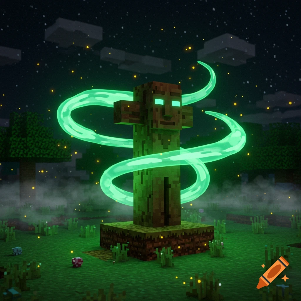 A blocky, green Minecraft totem of undying emits glowing light, surrounded by a swirling emerald aura in a misty, dark forest with fireflies.