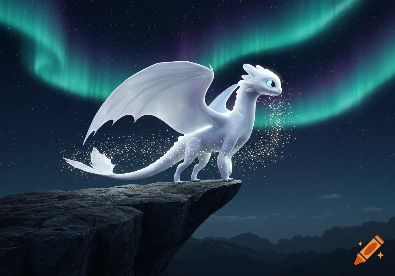 A shimmering white dragon, resembling the Light Fury, stands on a rocky cliff under a starry night sky with green aurora borealis.