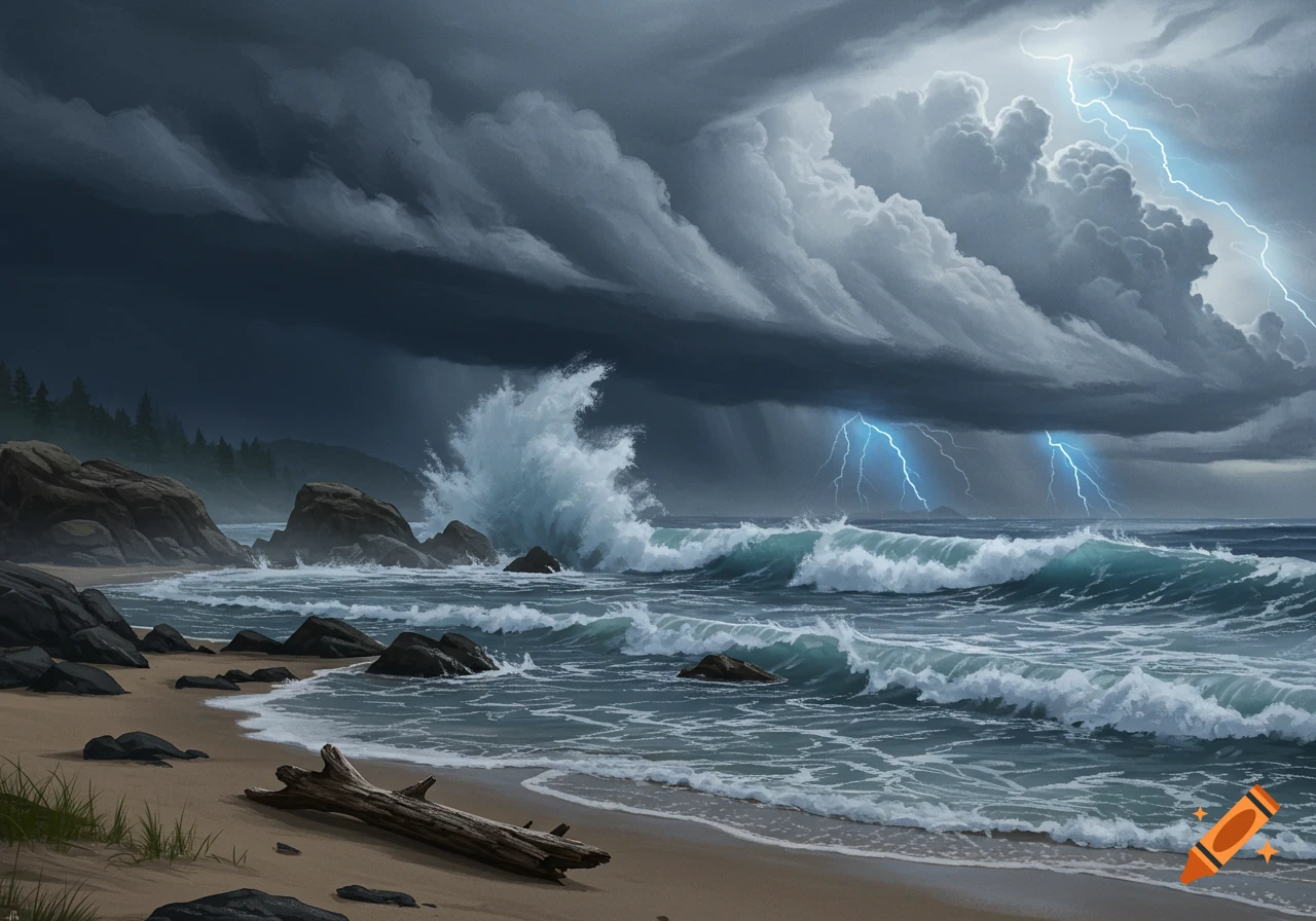 Dramatic stormy beach with crashing waves, dark clouds, and lightning over rocky shores and a sandy foreground.