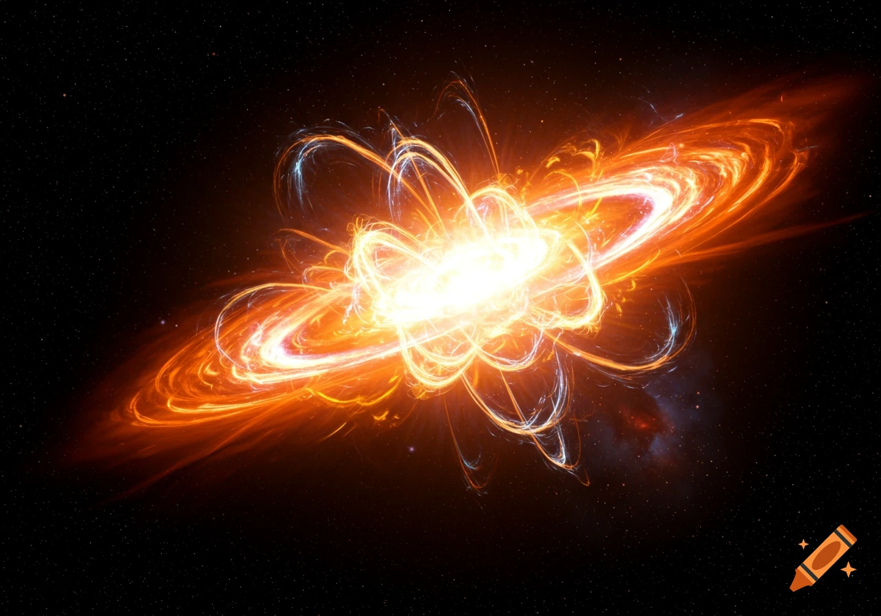 A vibrant, abstract orange and white cosmic explosion or solar flare in deep space with scattered stars.