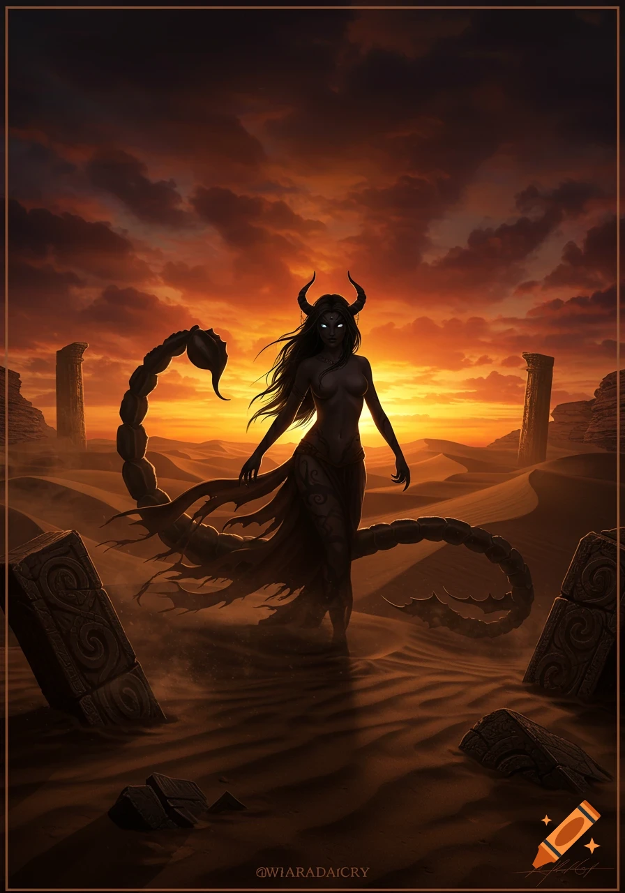 A dark fantasy illustration of a horned woman with a scorpion tail, standing in a desolate desert at sunset with ancient ruins.
