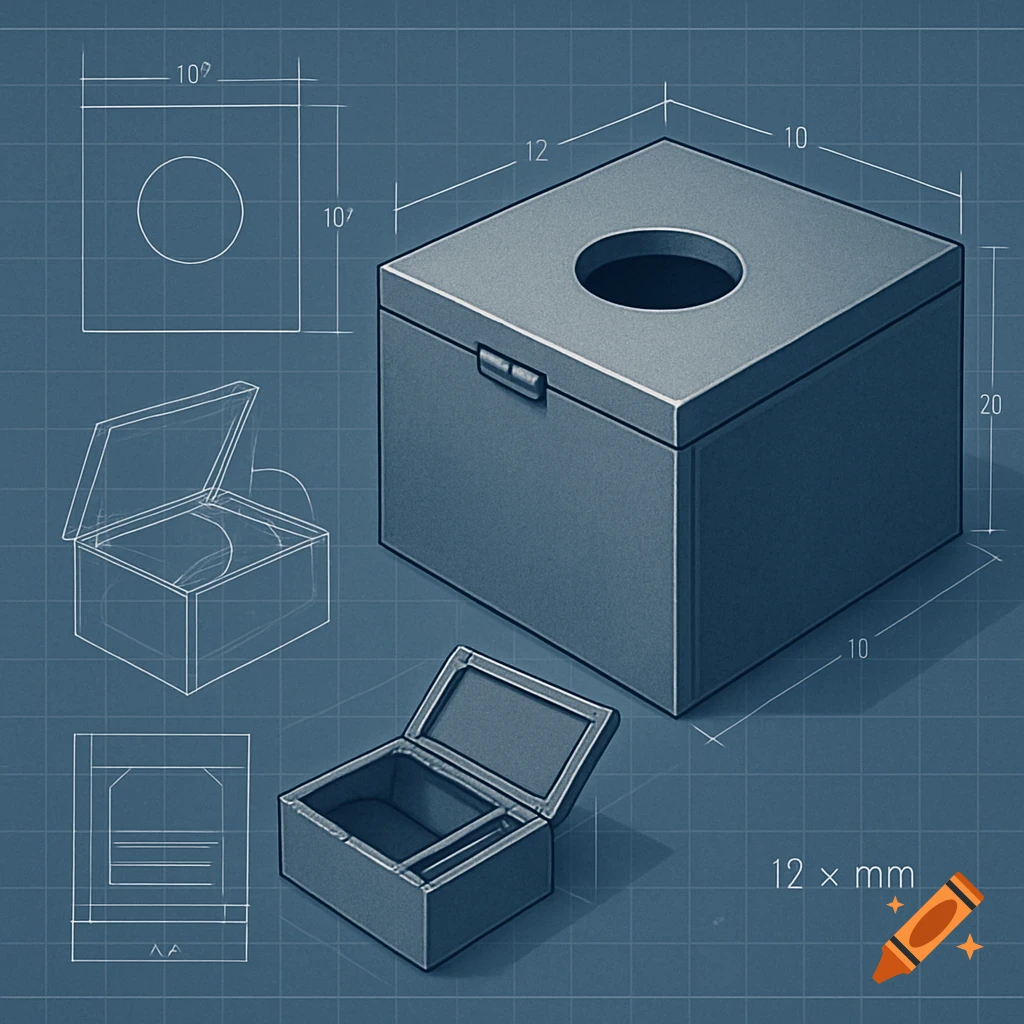 Blueprint-style drawing of a gray box with an opening on top, showing multiple views and dimensions on a blue grid.