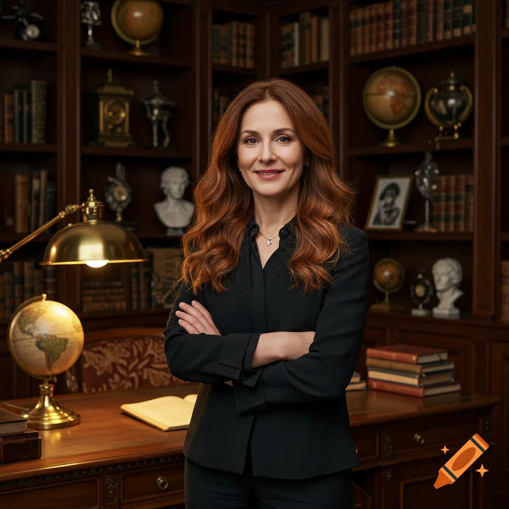 A smiling woman with long red hair in a black suit stands in a richly decorated library with bookshelves and a desk.