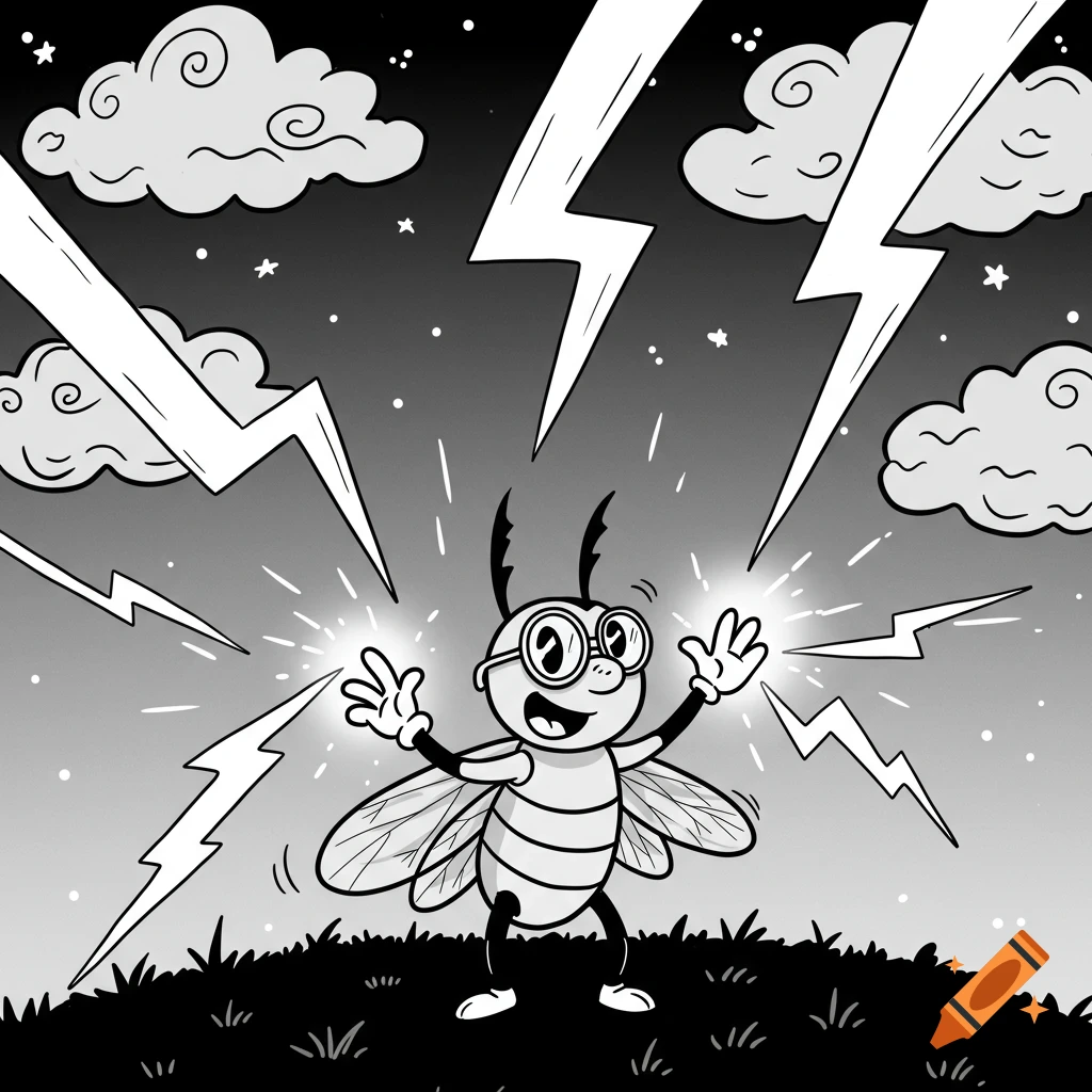 Black and white cartoon of a lightning bug wearing goggles, standing on grass, casting lightning bolts during a stormy night.