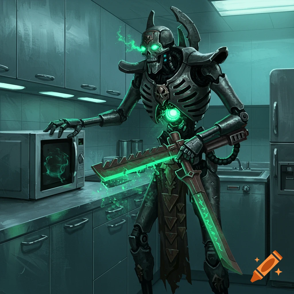 A green-glowing Necron robot warrior from Warhammer 40k stands in a kitchen, holding two blades and touching a microwave.