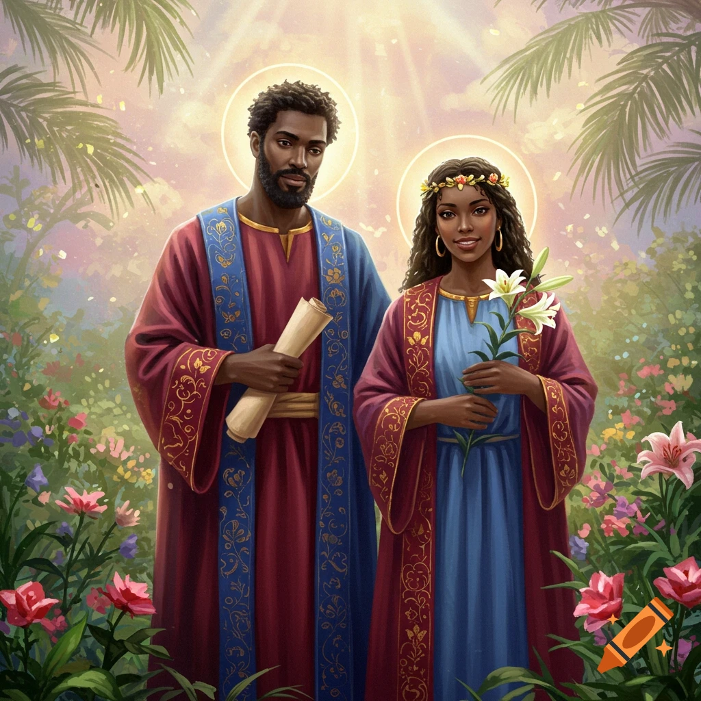 An illustrated Black man and woman in flowing robes with halos stand in a lush garden. The man holds a scroll, the woman holds lilies.