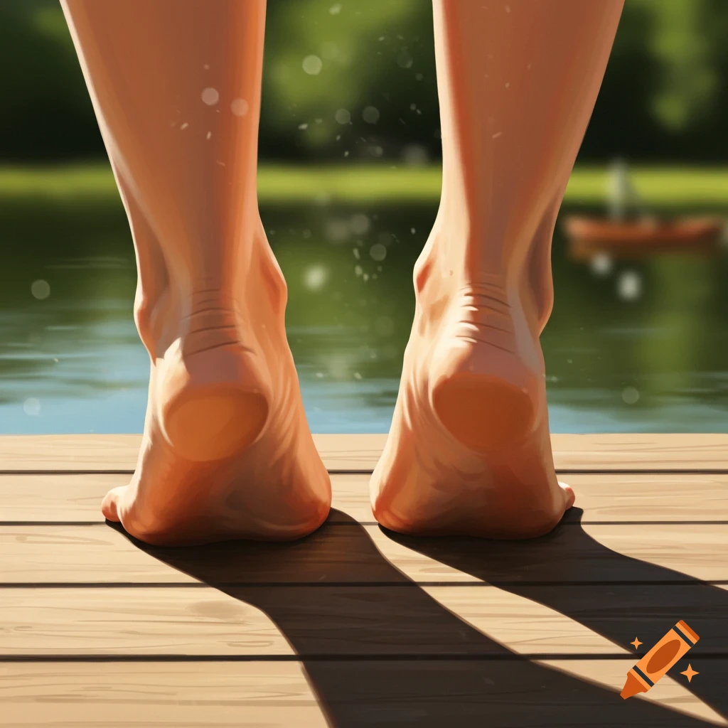 A close-up, low-angle view of bare feet standing on a sunlit wooden dock, looking out at a calm lake.