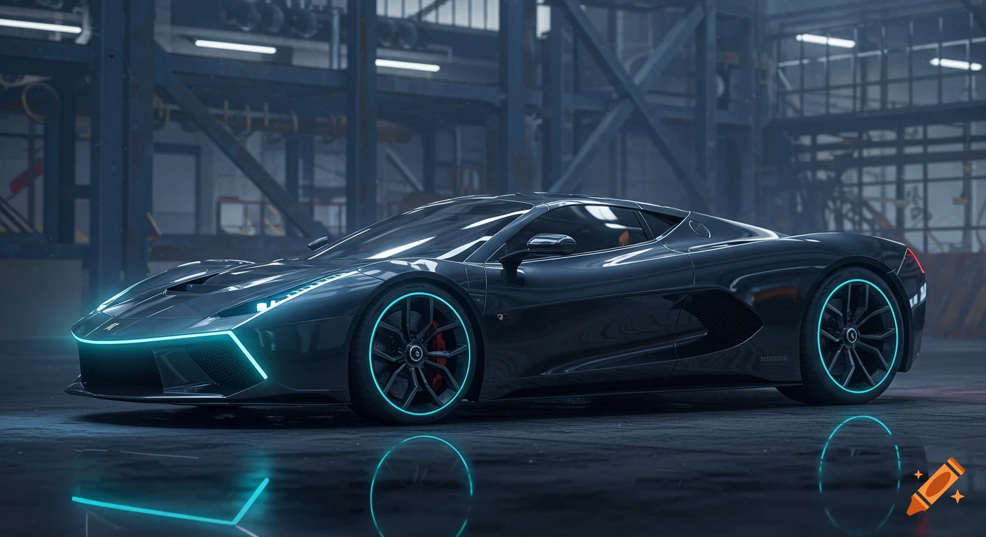 A dark futuristic supercar with neon blue lights on the wheels and front fascia, parked on a wet surface in an industrial garage.