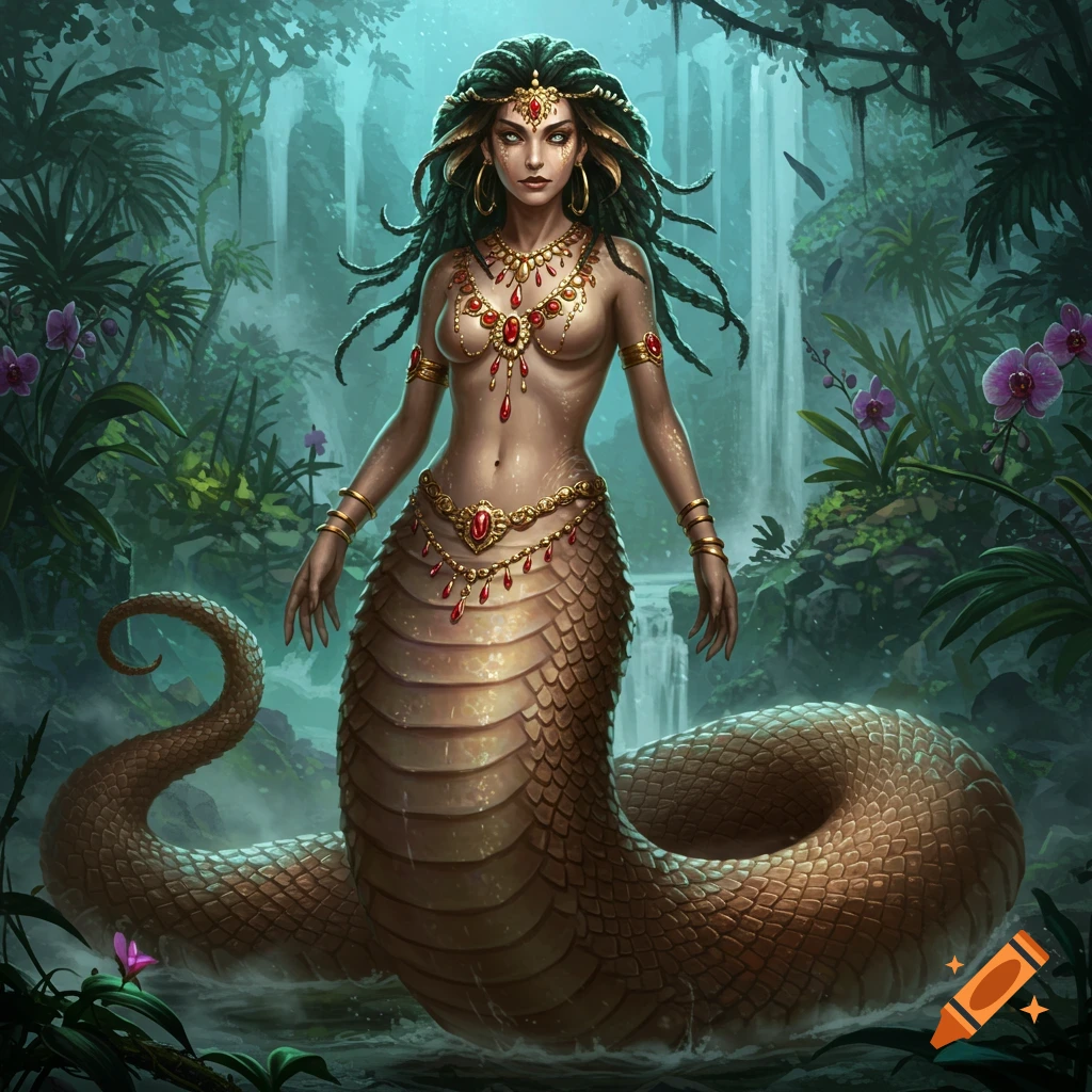 A beautiful naga, a fantasy creature with green dreadlocks, ornate gold and ruby jewelry, and a shimmering brown snake tail, in a lush jungle.