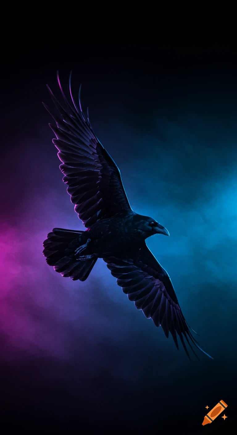 Black raven flying with wide wings against a dark background, highlighted by neon blue and purple glow.