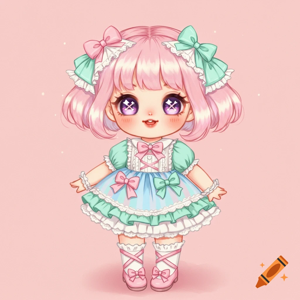 Cute chibi doll with pink hair and big purple eyes, wearing a pastel blue and green dress with bows and pink shoes, on a pink background, digital art.