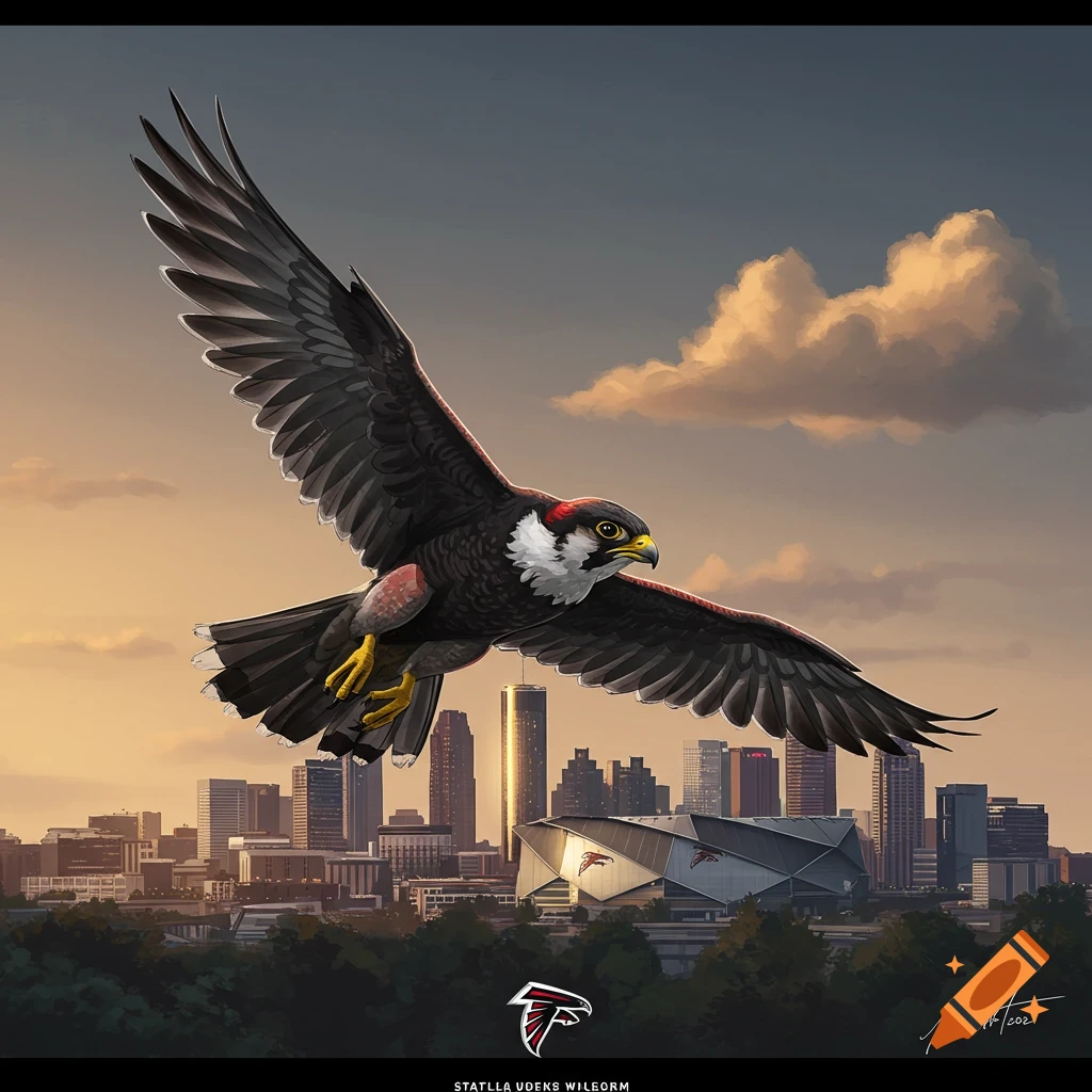 A stylized falcon with black, white, and red plumage flies over an Atlanta cityscape with a stadium at sunset.