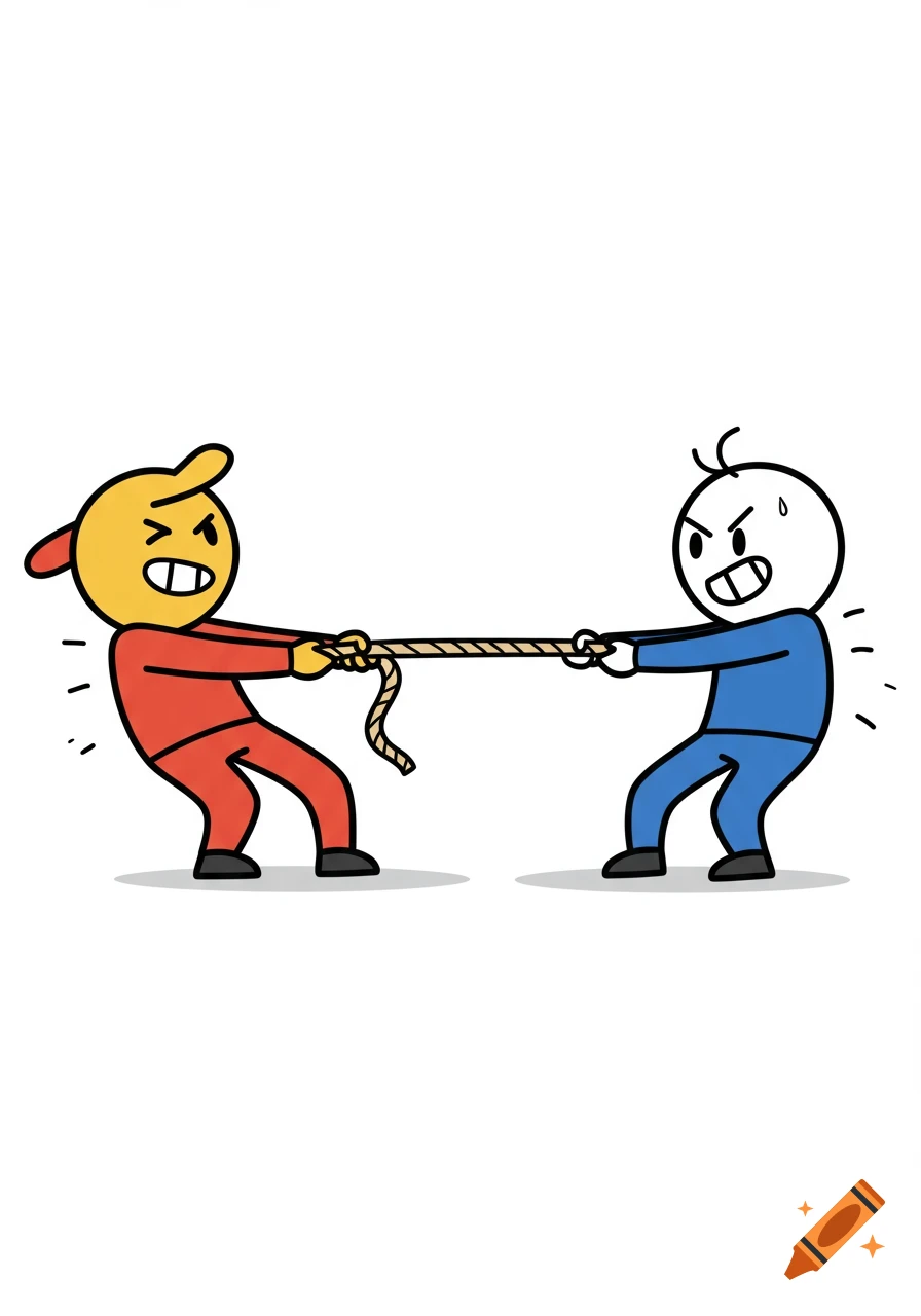 Two cartoon characters, one in red and one in blue, intensely play tug of war against a white background.