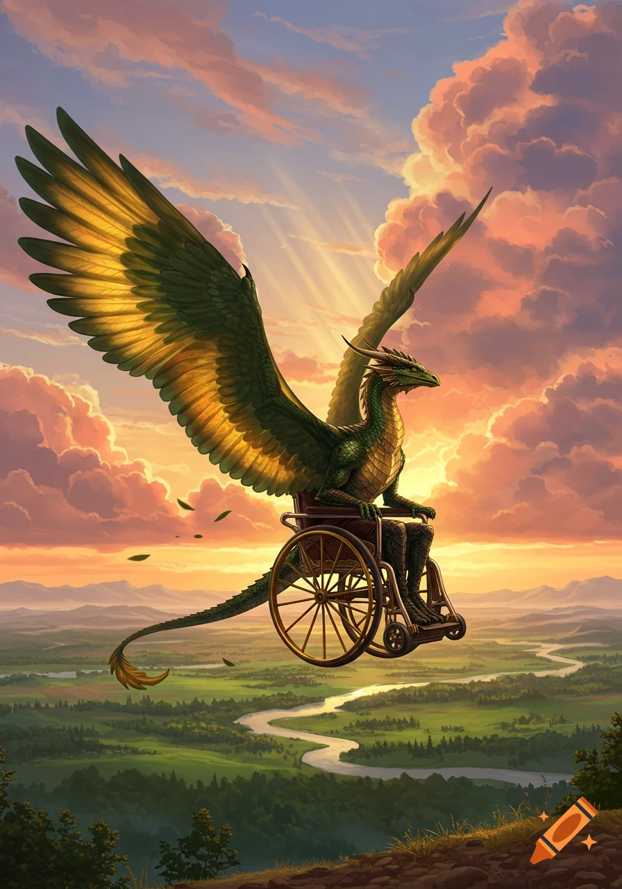 A majestic winged green dragon in a wheelchair flies high over a winding river in a green valley at sunset.