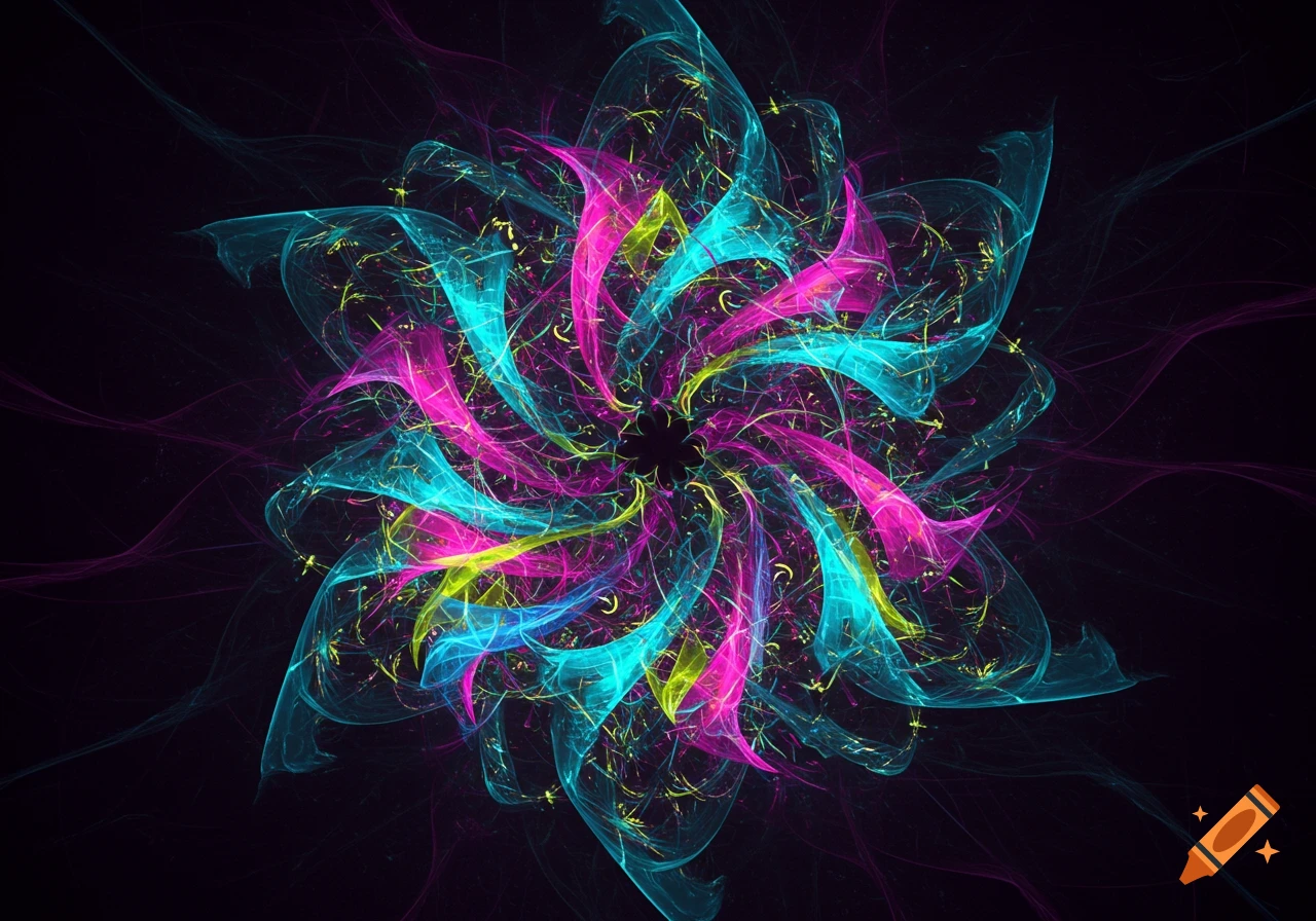 A vibrant abstract fractal design with swirling teal, pink, and yellow shapes radiating from a dark center.