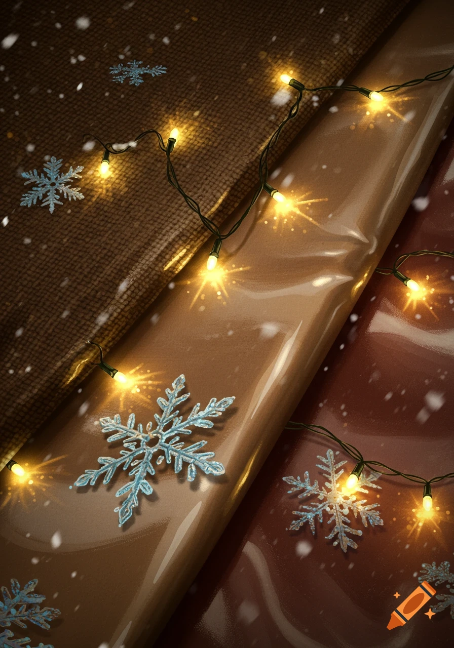 Close-up of string lights and blue snowflakes on brown textured fabric and shiny brown gift wrap.