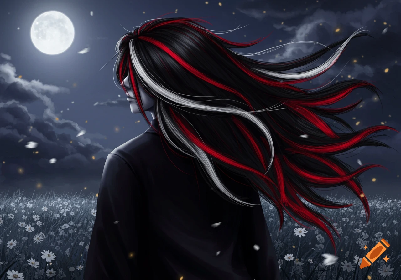 A person with long black hair with red and white streaks stands in a moonlit field of flowers, looking at the full moon.