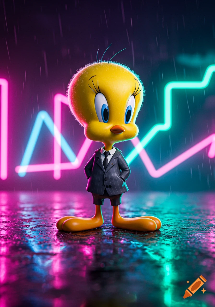 Tweety bird in a pinstripe suit and tie, standing in the rain on a reflective surface with bright pink and blue neon lights in the background.