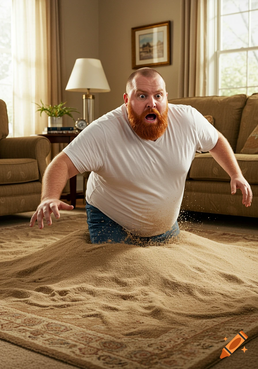 A surprised, stout man with a red beard sinks into sand covering a living room carpet, looking shocked.