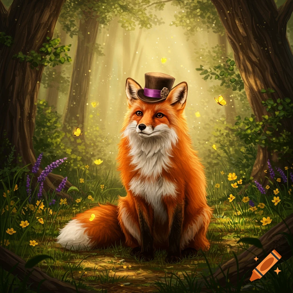 A cute, fluffy orange fox wearing a brown top hat with a purple ribbon sits in a magical forest with glowing particles and butterflies.