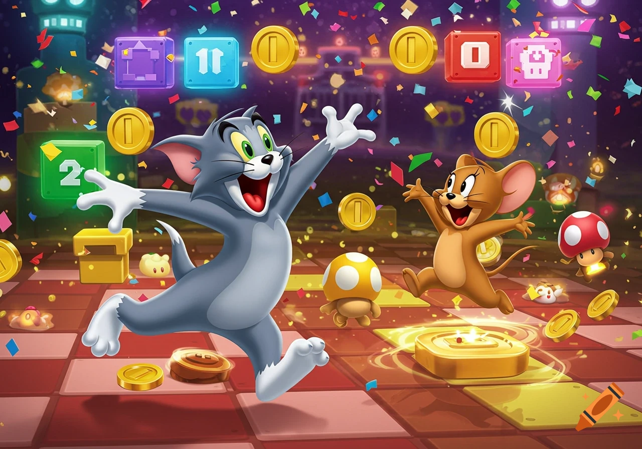 Tom and Jerry joyfully running through a vibrant Mario Party-themed game board with coins, blocks, and confetti.