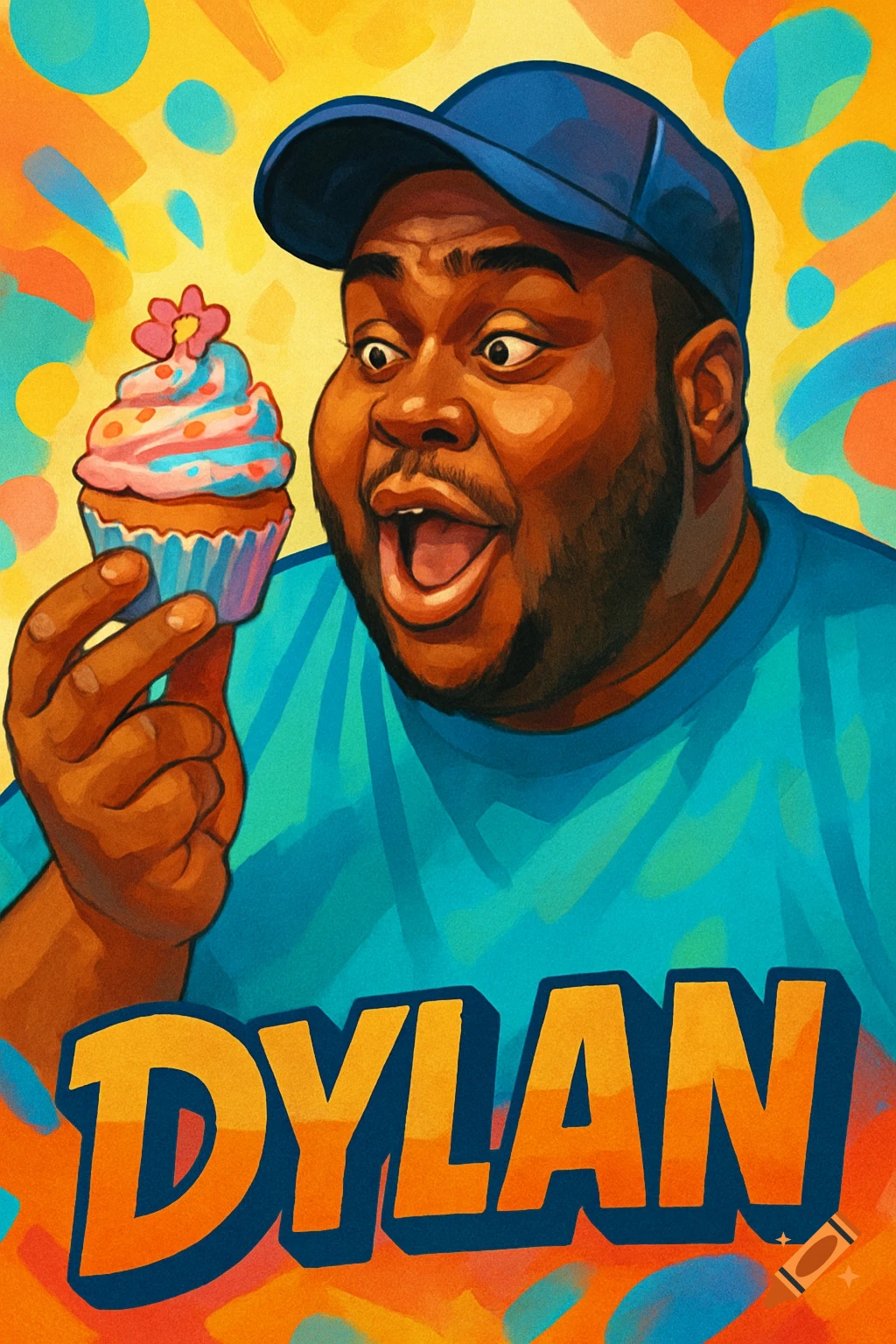 Vibrant cartoon illustration of a man in a blue cap excitedly looking at a cupcake, with 'DYLAN' at the bottom.
