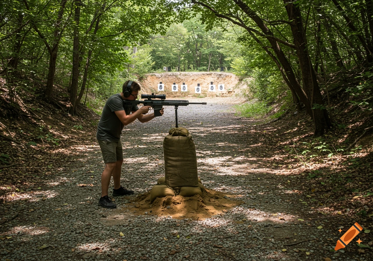 Man with headphones aiming a rifle from a sandbag rest at targets in an outdoor shooting range.